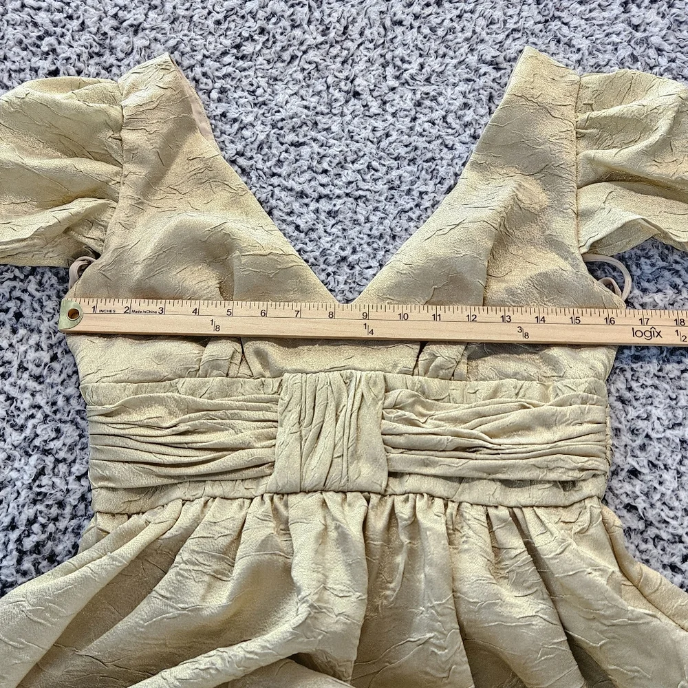 Basix II Gold Mini Dress Sz 4 Small Puff Sleeve Coquette Victorian Wedding Party - Picture 8 of 12